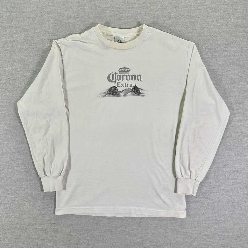 Corona Extra Long Sleeve T Shirt Men's Size Medium White Beach Palm Tree Graphic